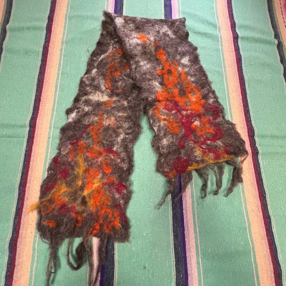 Artsy Felted Wool Scarf Unisex OS Grey Orange Flame Abstract Artisanal BA63